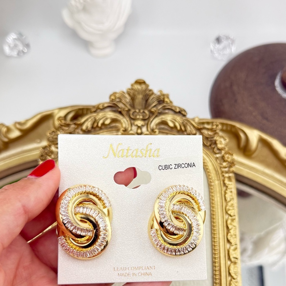 Natasha Gold-Tone Knot Earrings with Cubic Zirconia – Bold Statement Studs - Picture 4 of 13